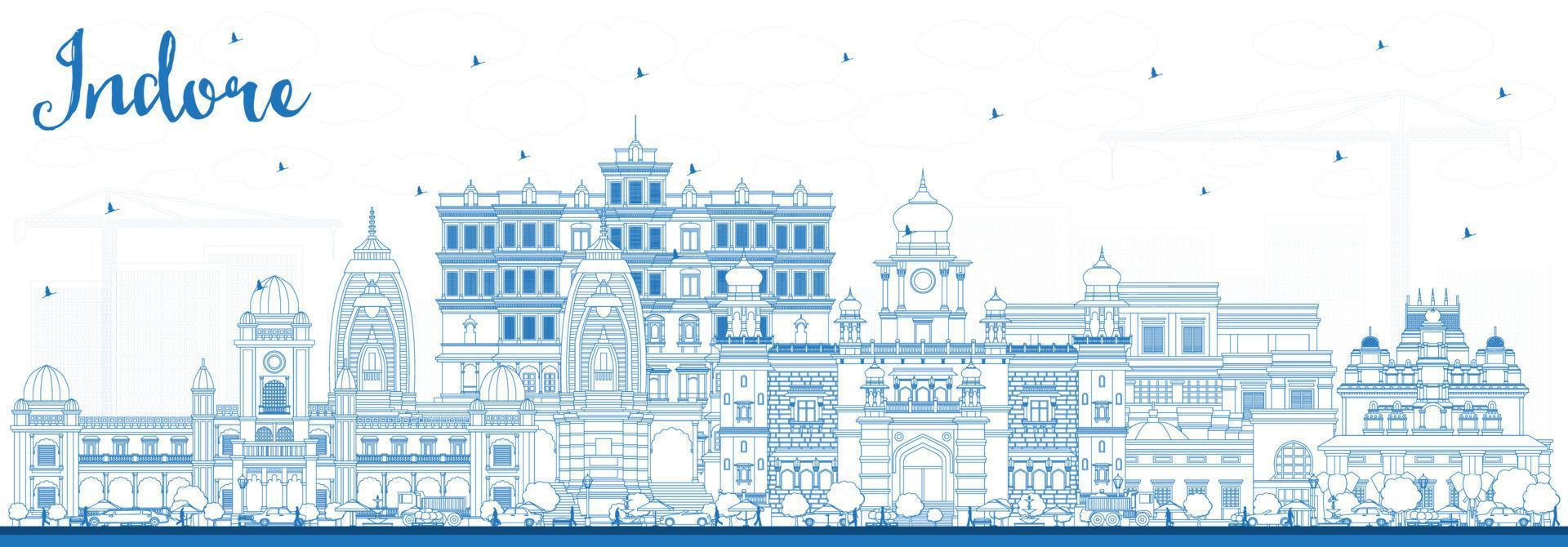 delinear el horizonte de la ciudad de indore india con edificios azules. vector