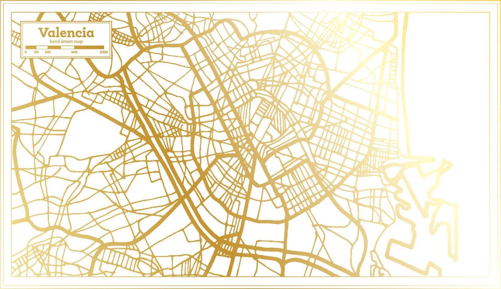 mapa de la ciudad de valencia españa en estilo retro en color dorado. esquema del mapa. vector