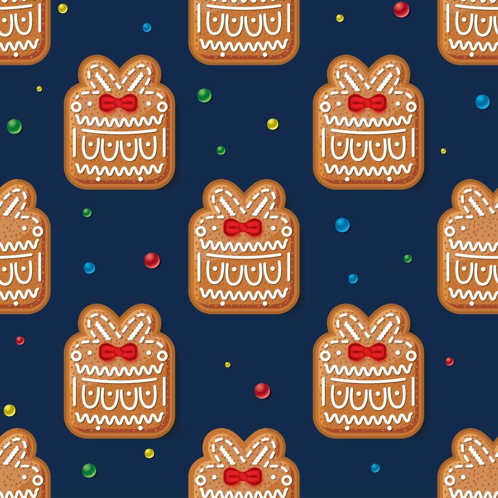 Seamless Pattern with Gingerbread Gift Box on Blue. Christmas Cookie. vector