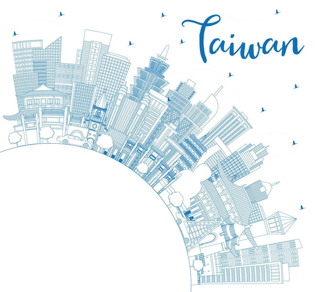 esbozar el horizonte de la ciudad de taiwán con edificios azules y espacio de copia. vector