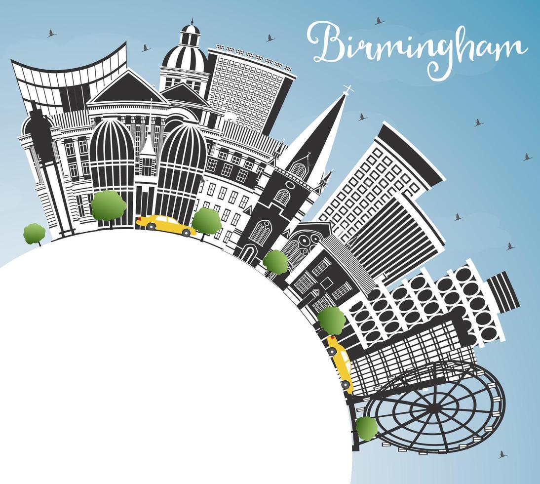 Birmingham UK City Skyline with Color Buildings, Blue Sky and Copy Space. vector