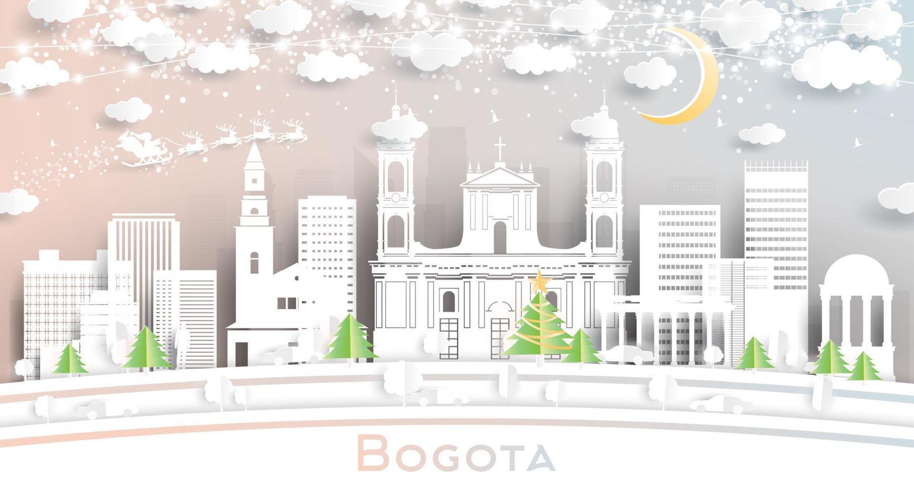 Bogota Colombia City Skyline in Paper Cut Style with Snowflakes, Moon and Neon Garland. vector