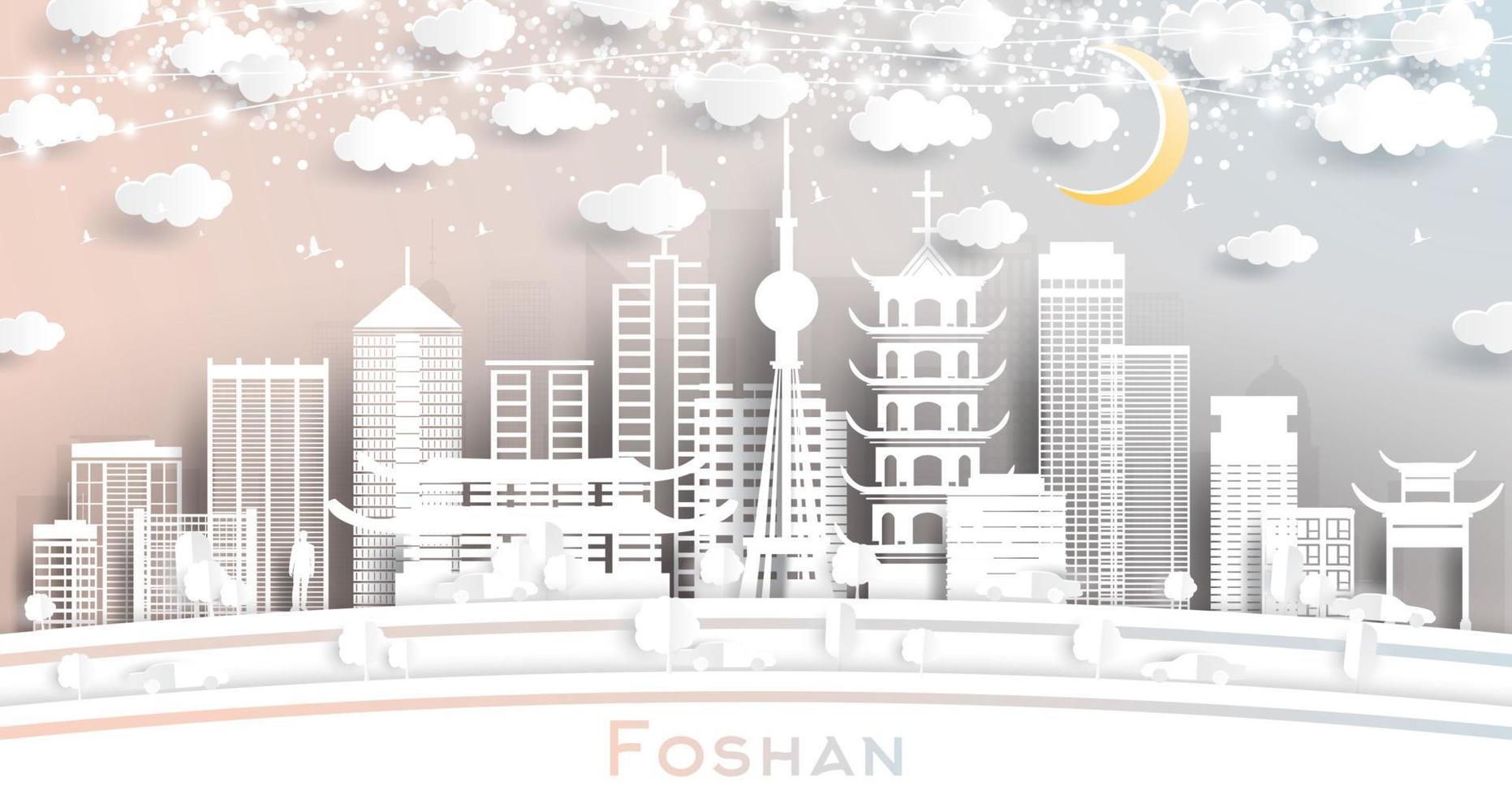 Foshan China City Skyline in Paper Cut Style with White Buildings, Moon and Neon Garland. vector