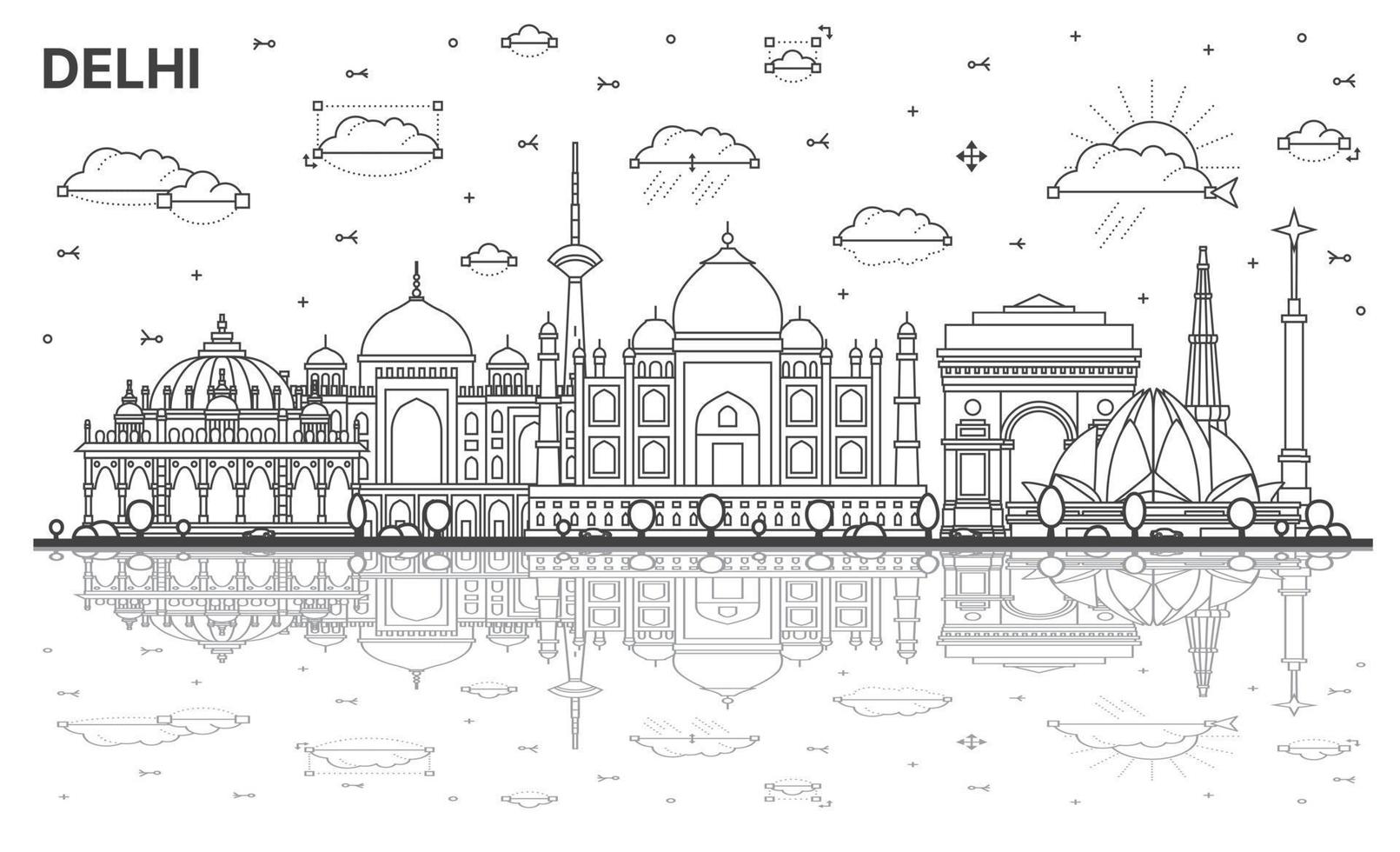 delinear el horizonte de la ciudad de delhi india con edificios históricos y reflejos aislados en blanco. vector