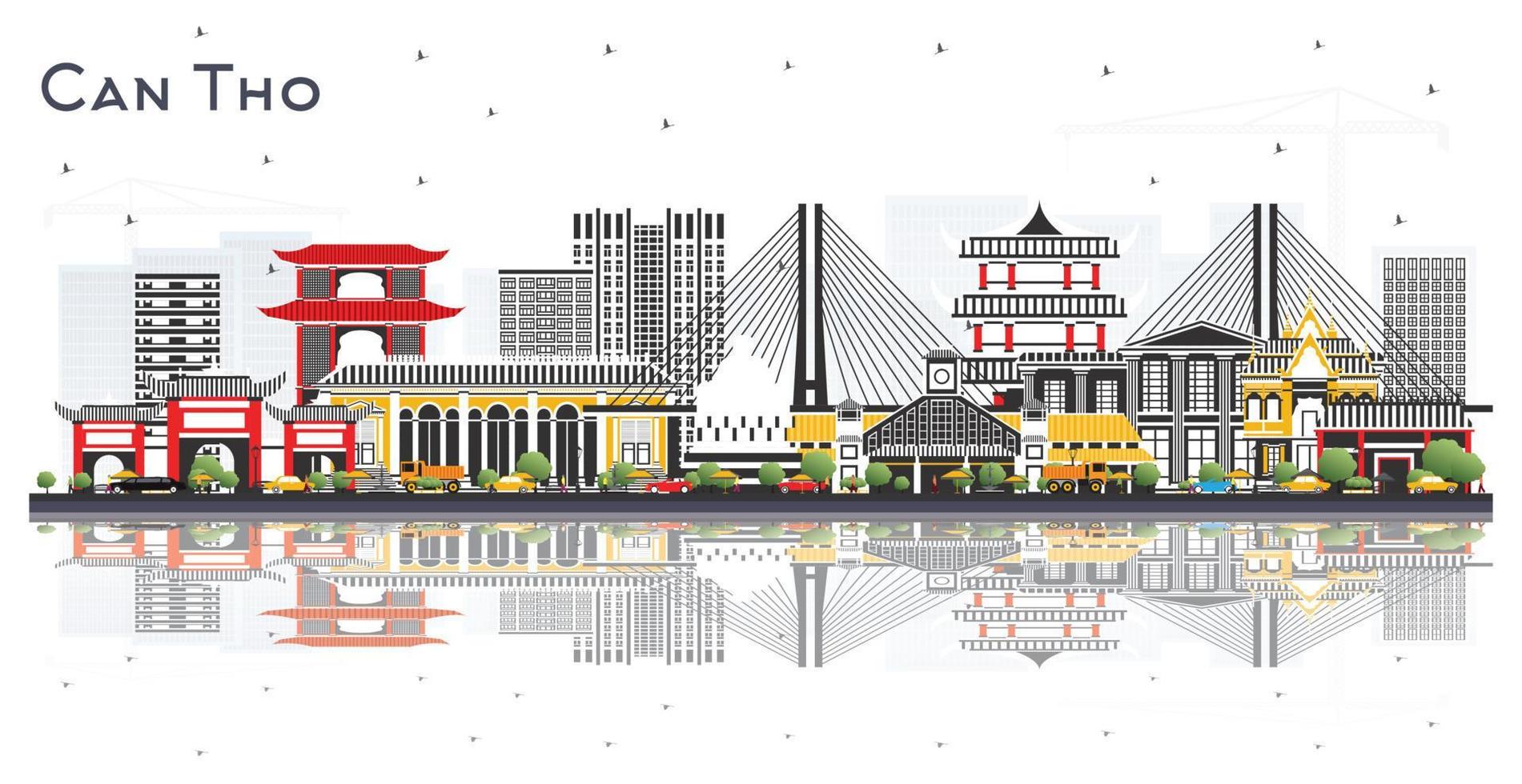 Can Tho Vietnam City Skyline with Gray Buildings and Reflections Isolated on White. vector