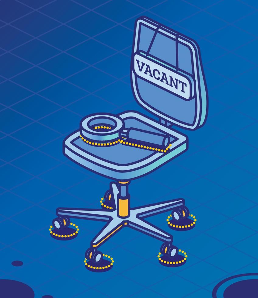 Empty Office Chair with Vacancy Sign and Magnifying Glass. Search Employees to Company. vector