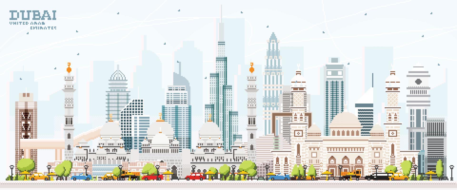 Dubai United Arab Emirates UAE City Skyline with Color Buildings and Blue Sky. Pixel Art. vector