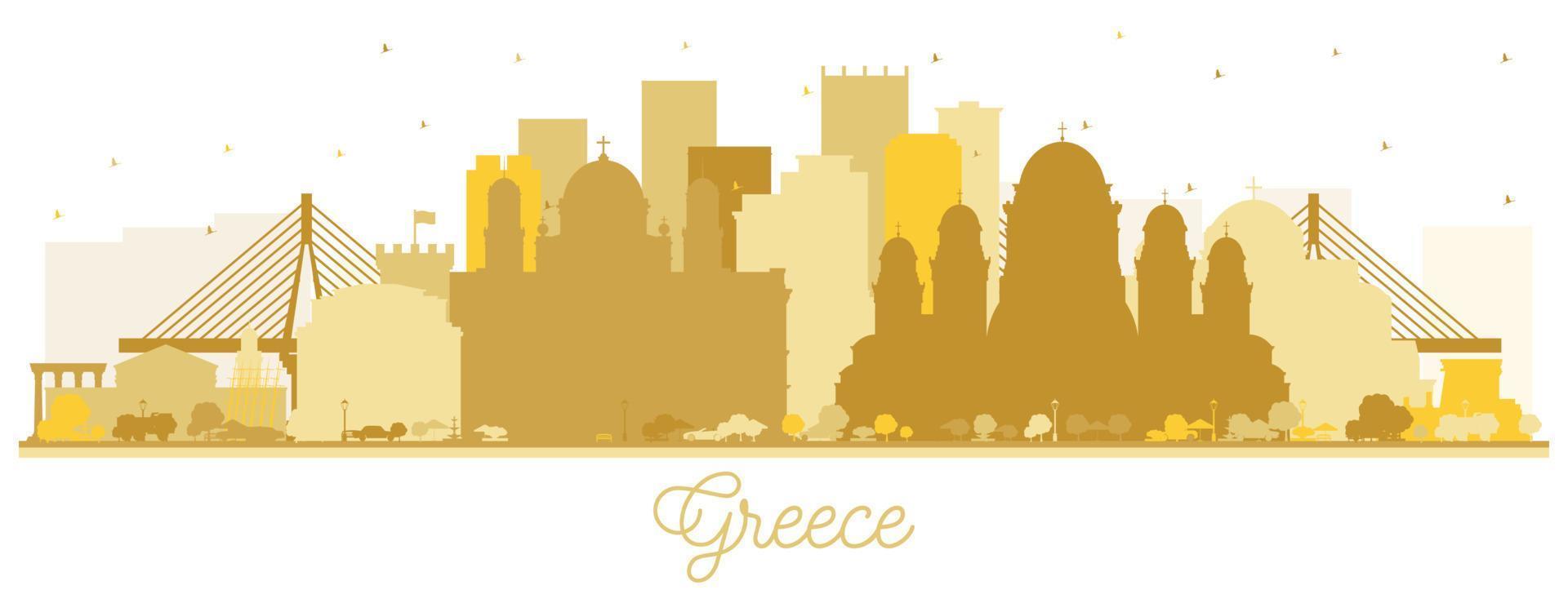 Bienvenido a la silueta del horizonte de la ciudad de Grecia con edificios dorados aislados en blanco. vector