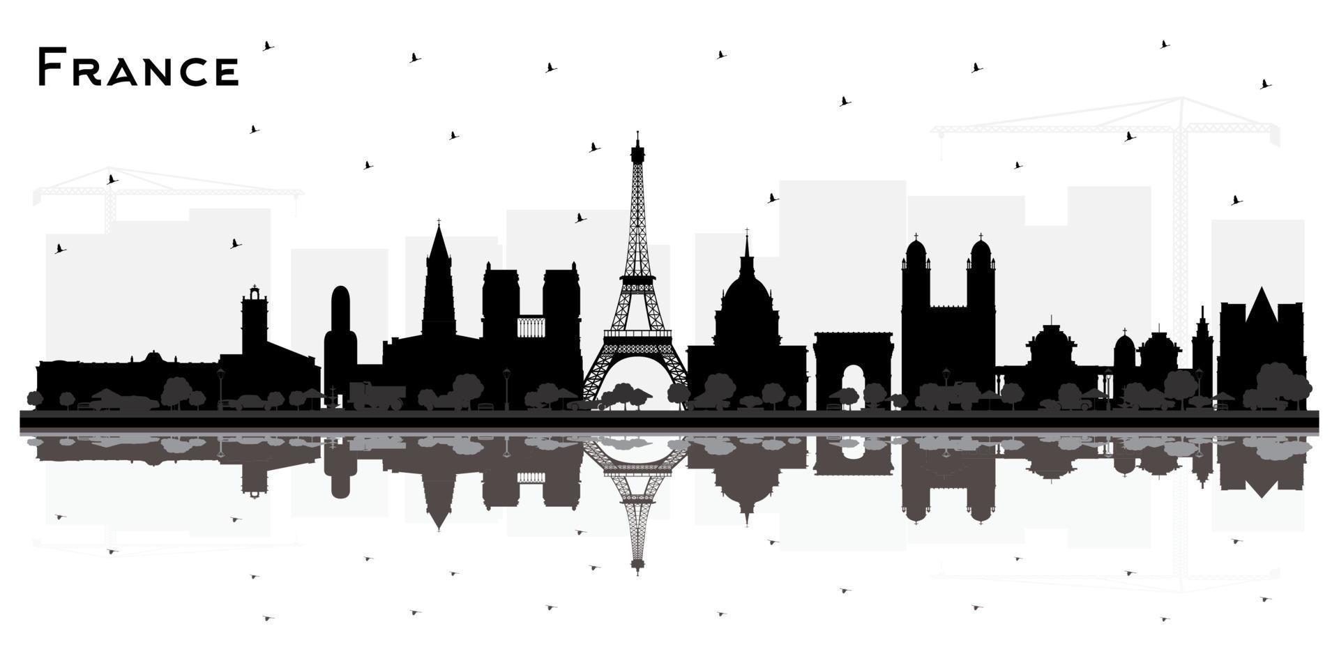 France Skyline Silhouette with Black Buildings and Reflections Isolated on White. vector