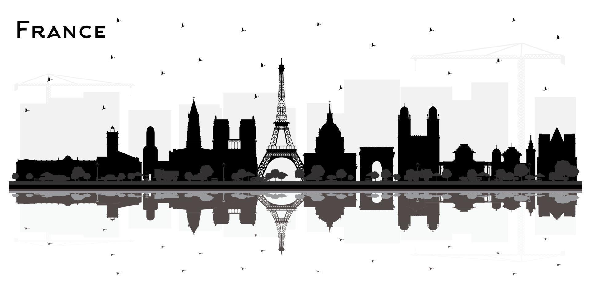 silueta del horizonte de francia con edificios negros y reflejos aislados en blanco. vector