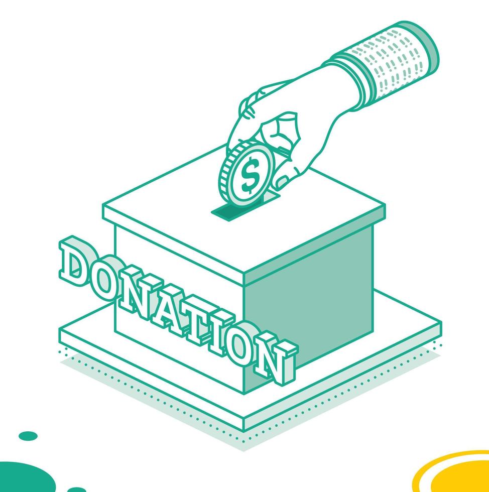 Hand Putting Money in Donation Box. Isometric Charity Concept with Dollar Coin. vector