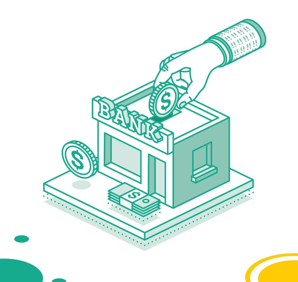 Hand Puts a Dollar Coin Inside of the Bank Building. Isometric Saving Money Concept. vector