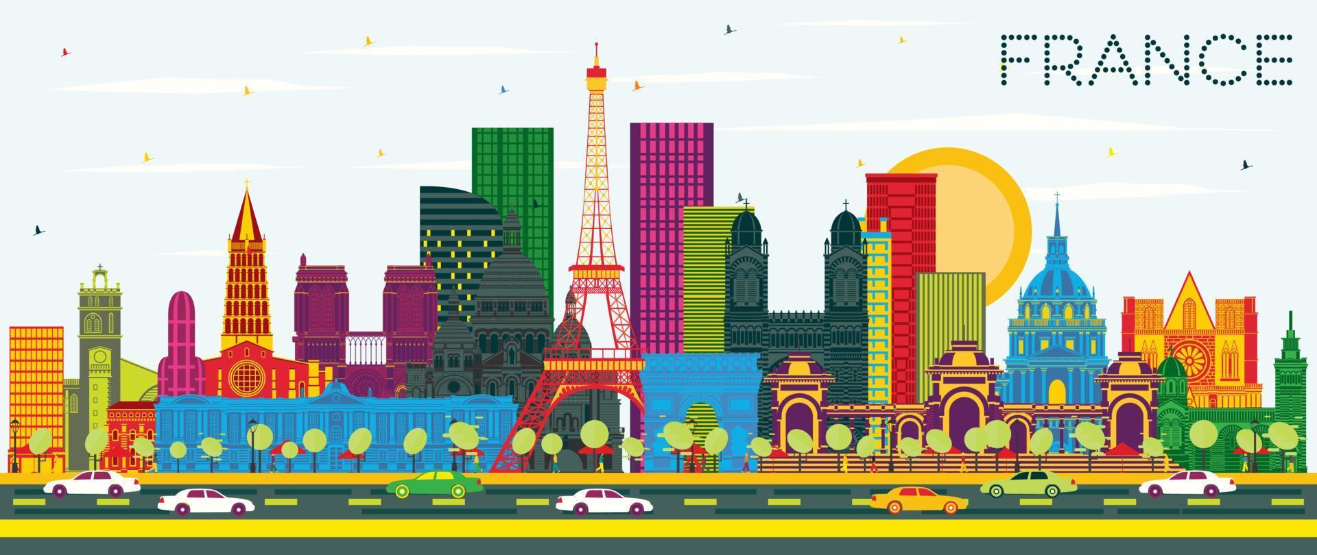 bienvenidos al horizonte de francia con edificios de colores y cielo azul. vector