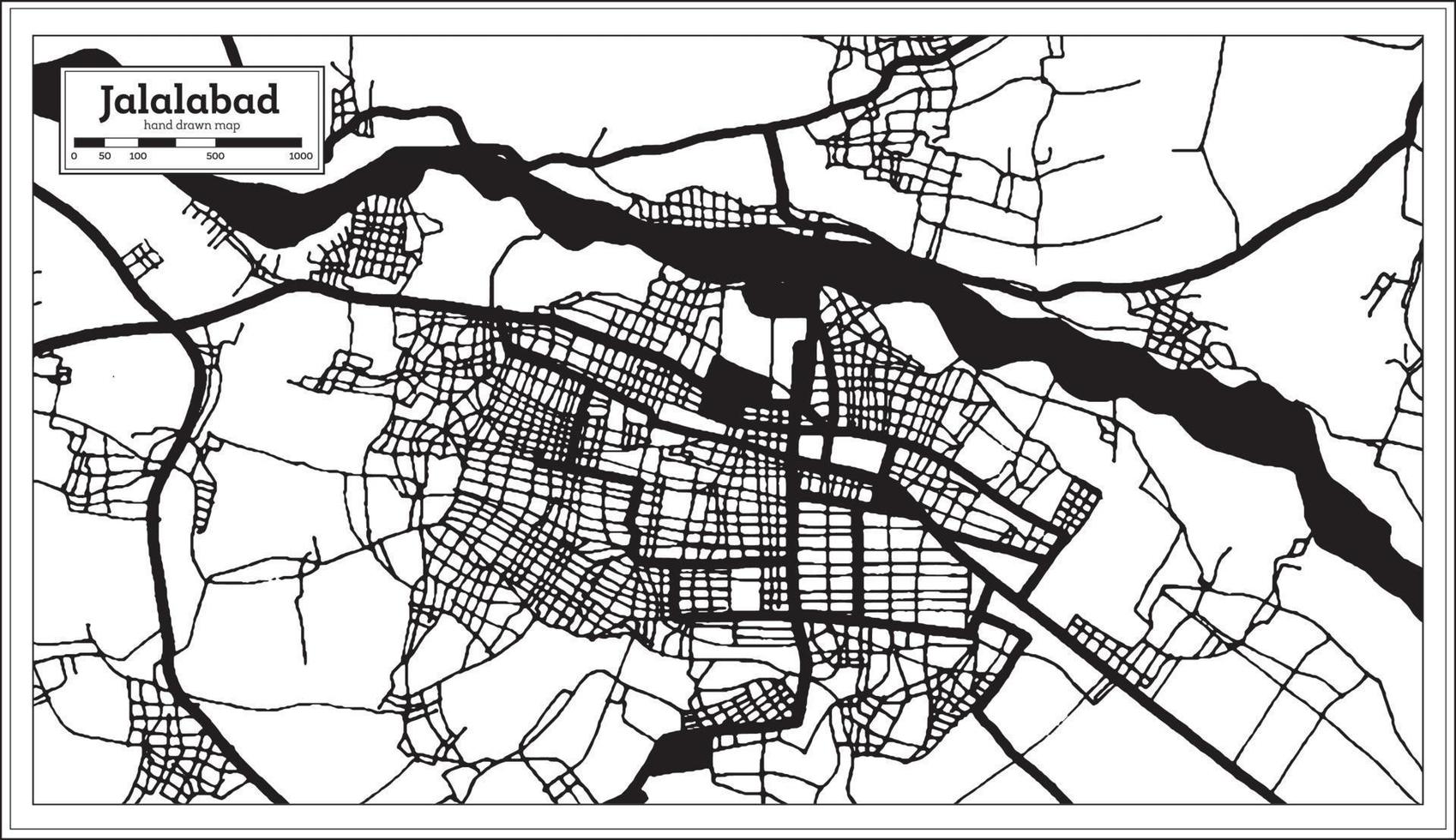 mapa de la ciudad de jalalabad afganistán en color blanco y negro en estilo retro. esquema del mapa. vector