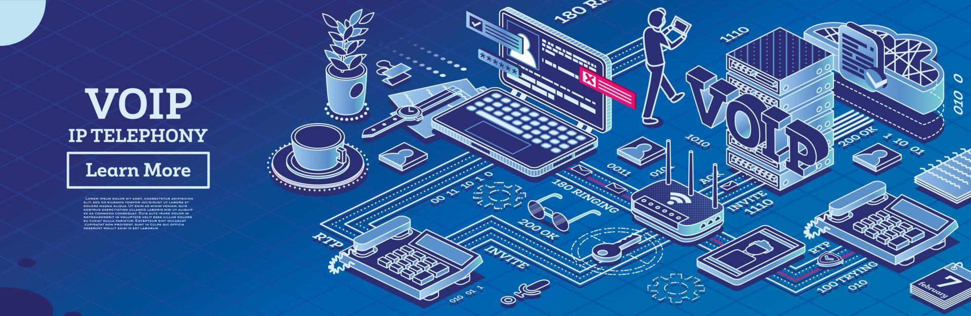 VOIP IP Telephony Services. Isometric Outline Concept. Configuration Scheme of System. vector