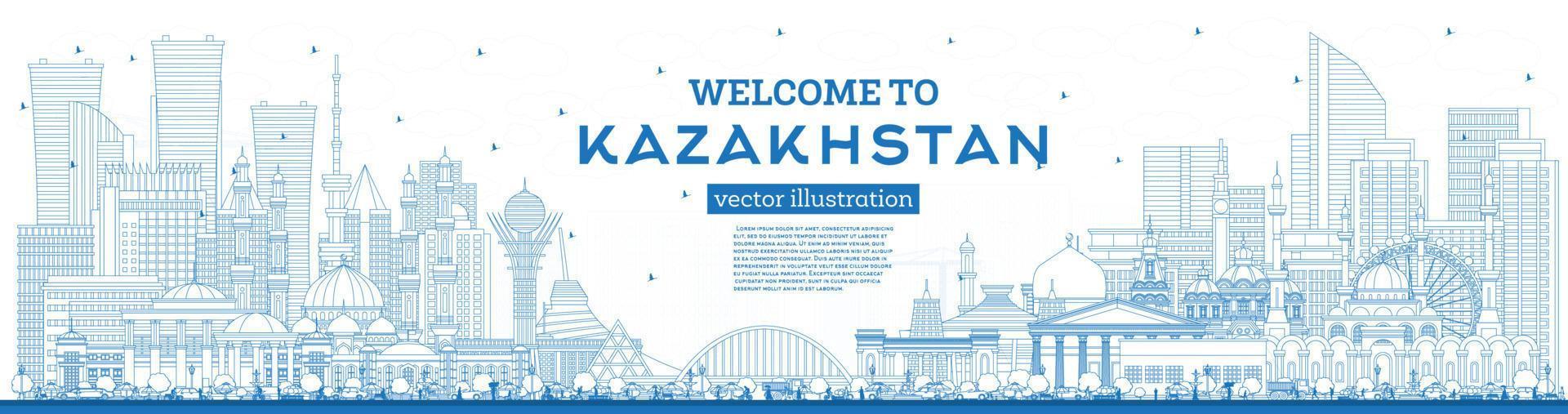 esquema de bienvenida a kazajstán. horizonte de la ciudad con edificios azules. vector