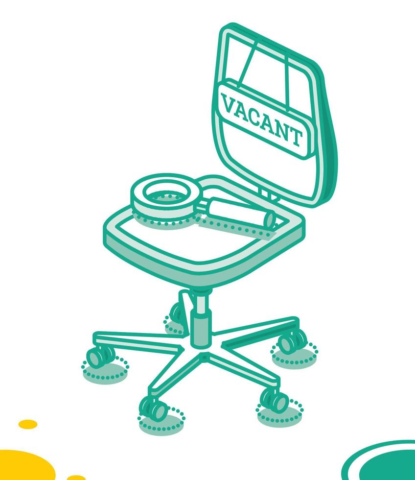 silla de oficina vacía con cartel de vacante y lupa. búsqueda de empleados para empresa. vector