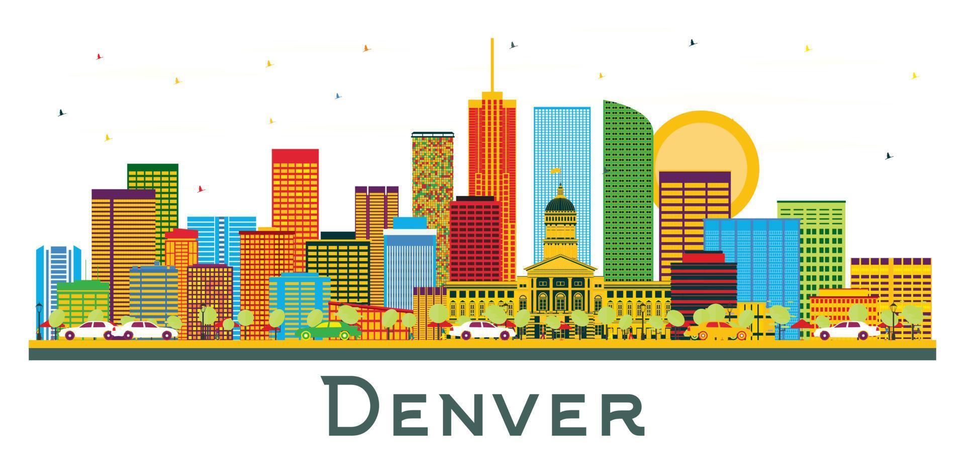 Denver Colorado USA City Skyline with Color Buildings and Blue Sky Isolated on White. vector