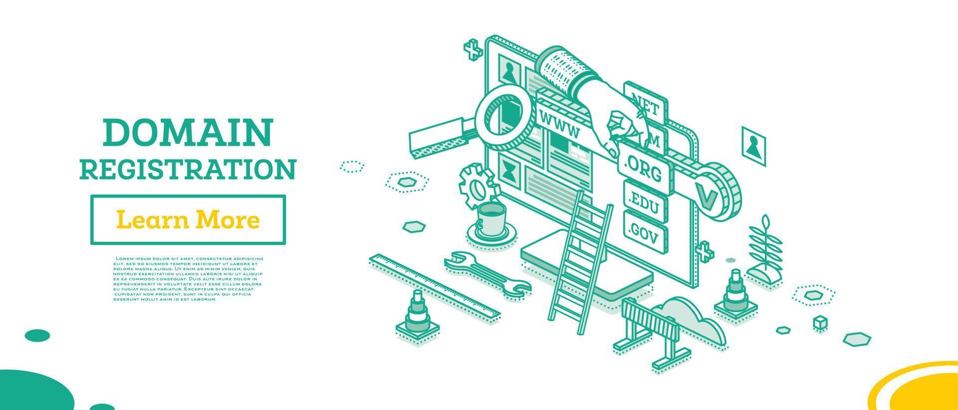 Domain Registration. Isometric Business Concept with Monitor and Hand. vector
