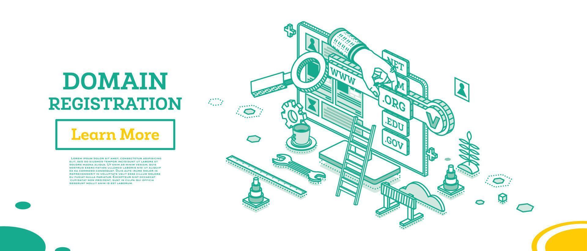 Registro de Dominio. concepto de negocio isométrico con monitor y mano. vector