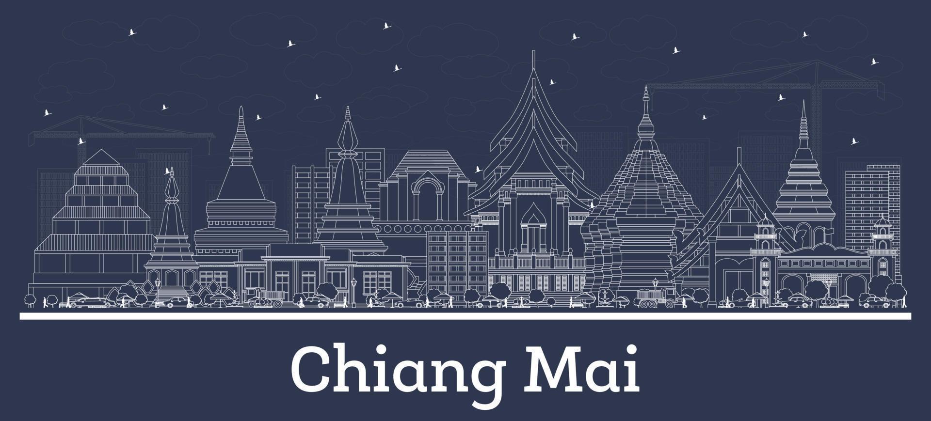 delinear el horizonte de la ciudad de chiang mai tailandia con edificios blancos. vector