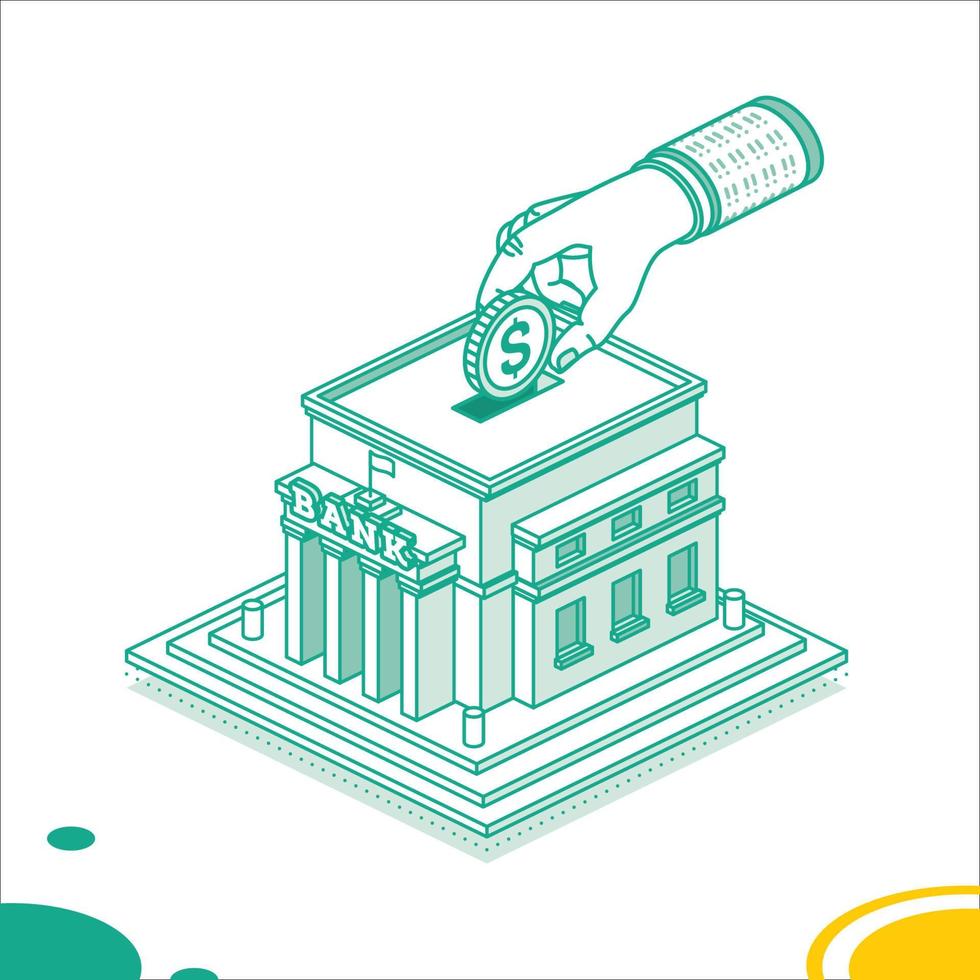 Hand Puts a Dollar Coin Inside of the Bank Building. Isometric Saving Money Concept. vector