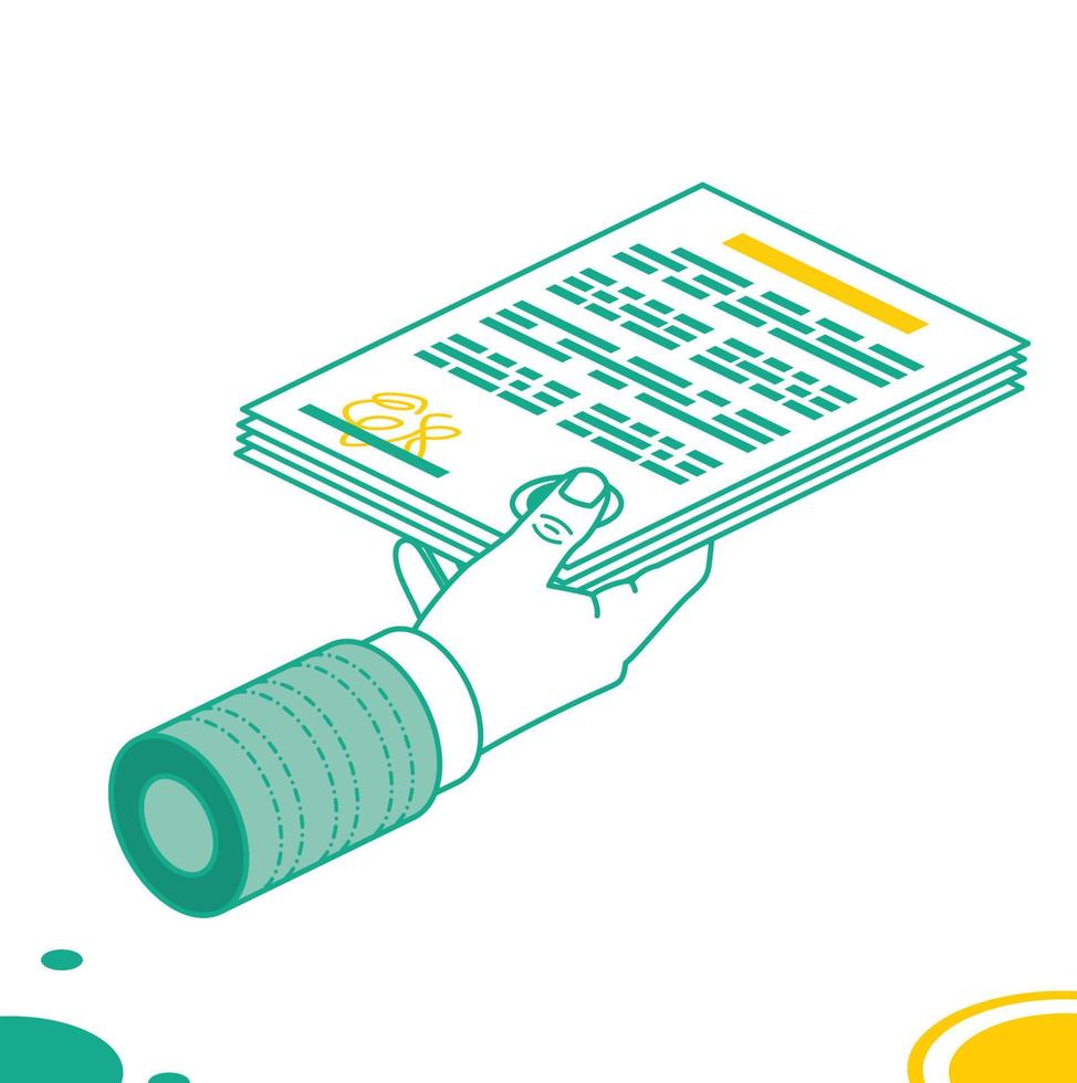 Business Man Hand Hold Paper Document with Text. Isometric Concept. vector