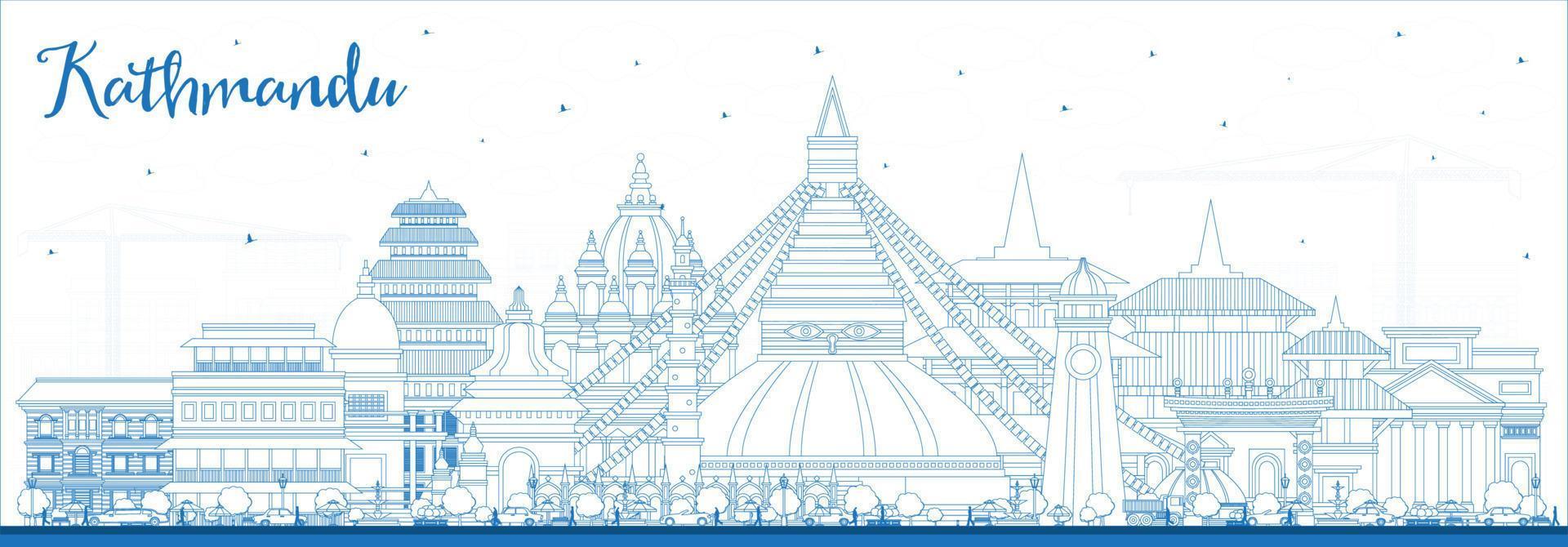 Outline Kathmandu Nepal City Skyline with Blue Buildings. vector