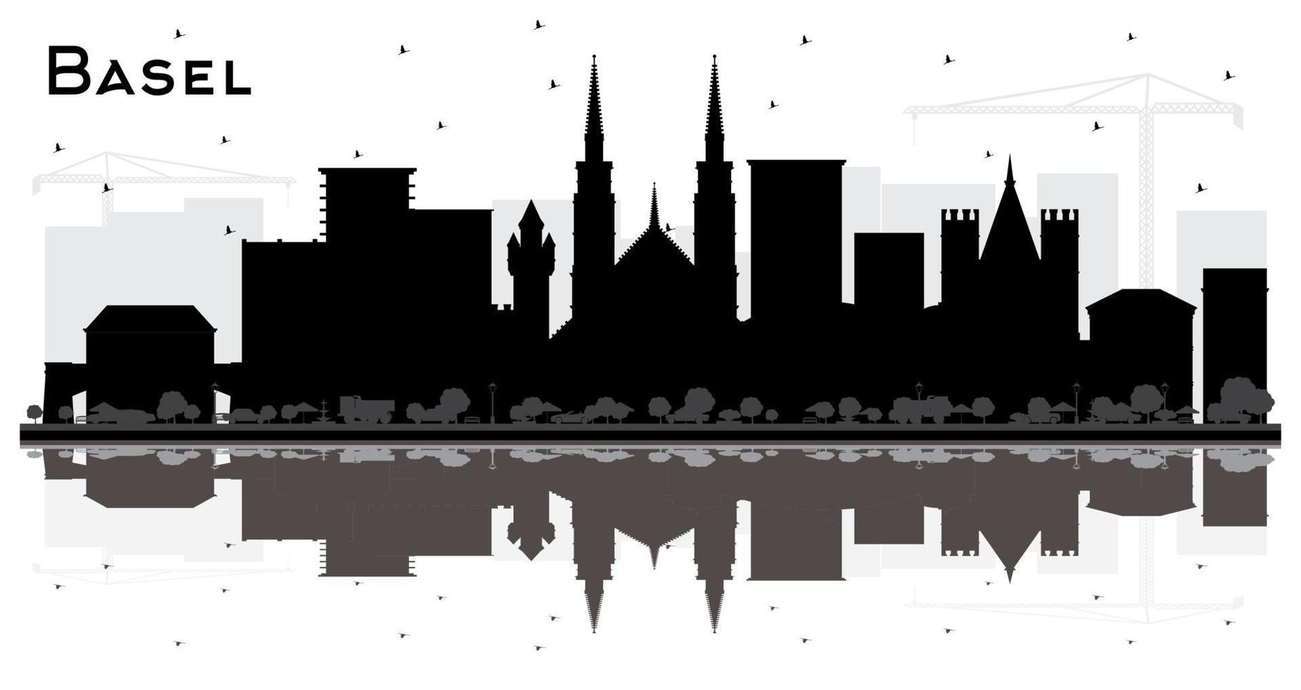 Basel Switzerland City Skyline Silhouette with Black Buildings and Reflections Isolated on White. vector