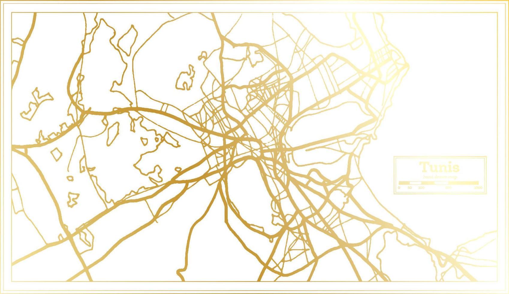 mapa de la ciudad de túnez túnez en estilo retro en color dorado. esquema del mapa. vector