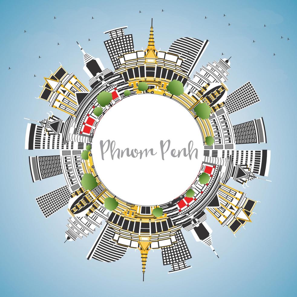 Phnom Penh Cambodia City Skyline with Color Buildings, Blue Sky and Copy Space. vector