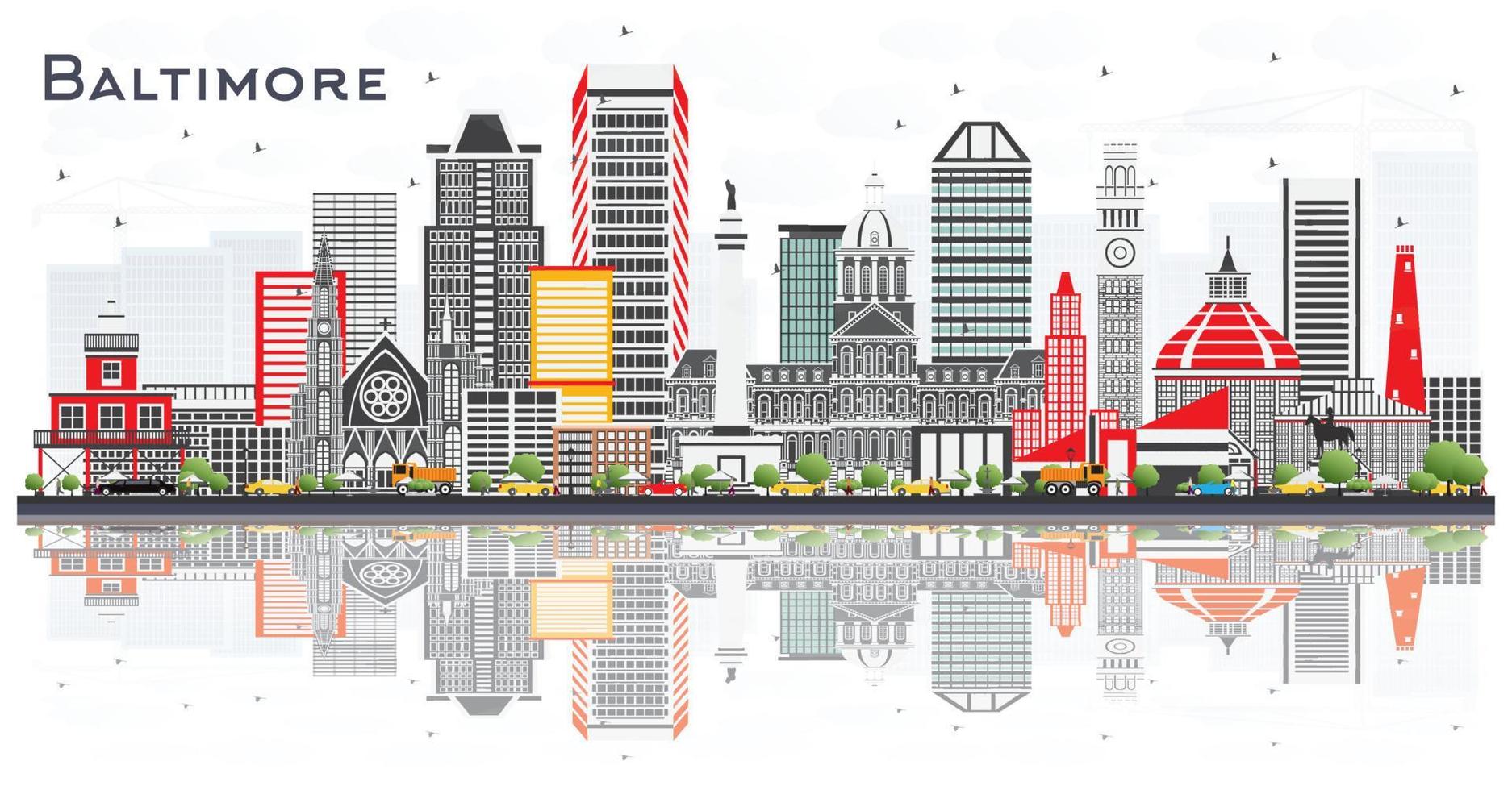 horizonte de la ciudad de baltimore maryland con edificios grises y reflejos aislados en blanco. vector