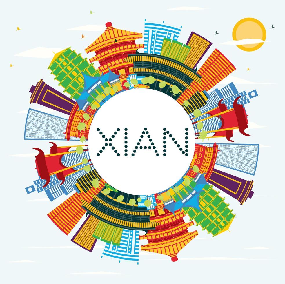 Xian China Skyline with Color Buildings, Blue Sky and Copy Space. vector