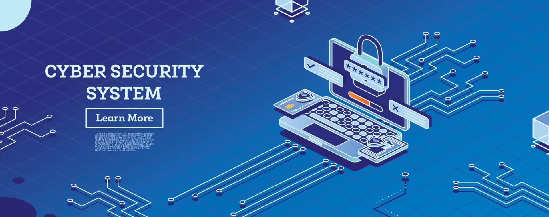 Isometric Cyber Security Concept. Data Protection. Notebook with Credit Card, Smartphone and Lock. vector