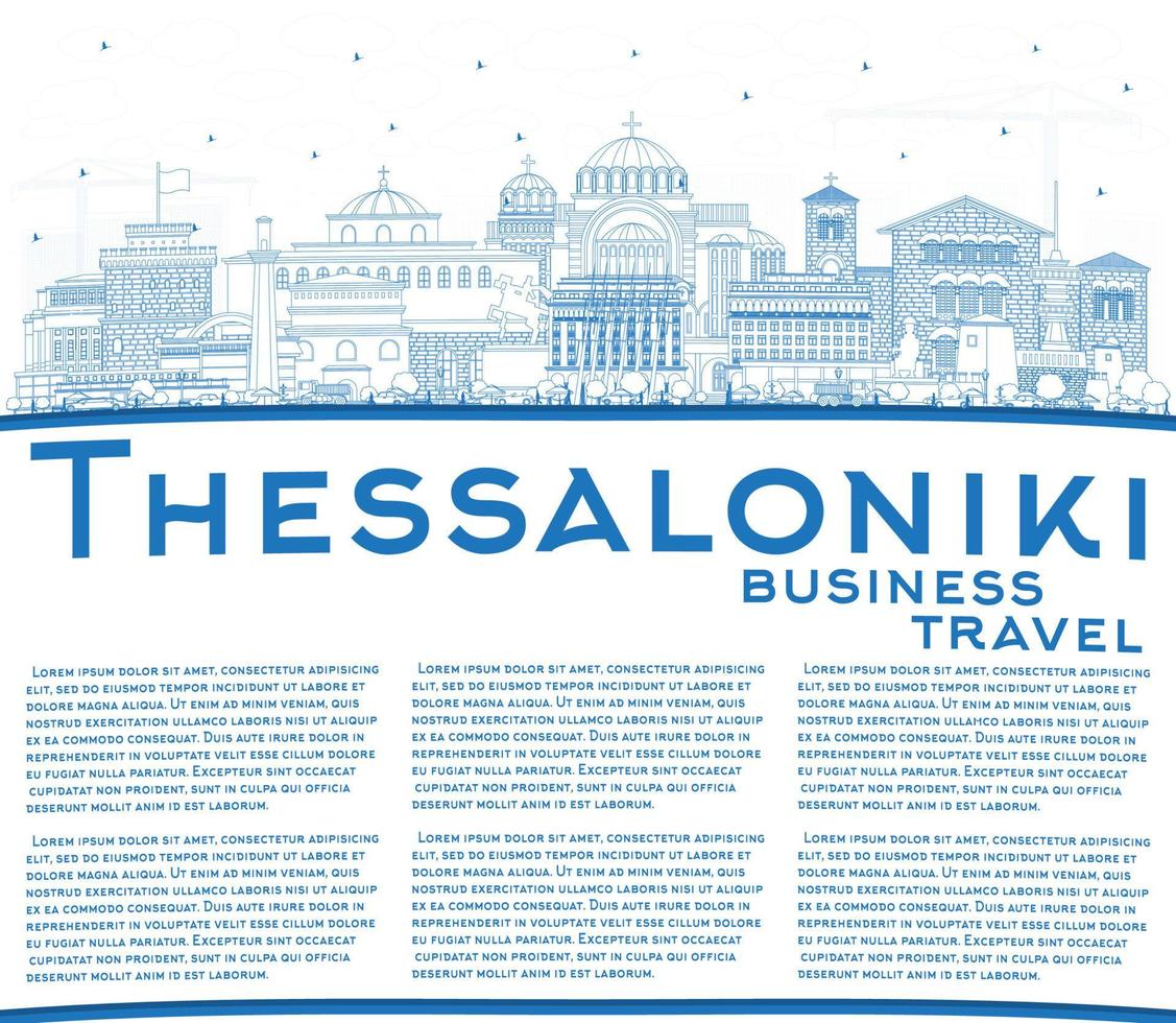 Outline Thessaloniki Greece City Skyline with Blue Buildings and Copy Space. vector