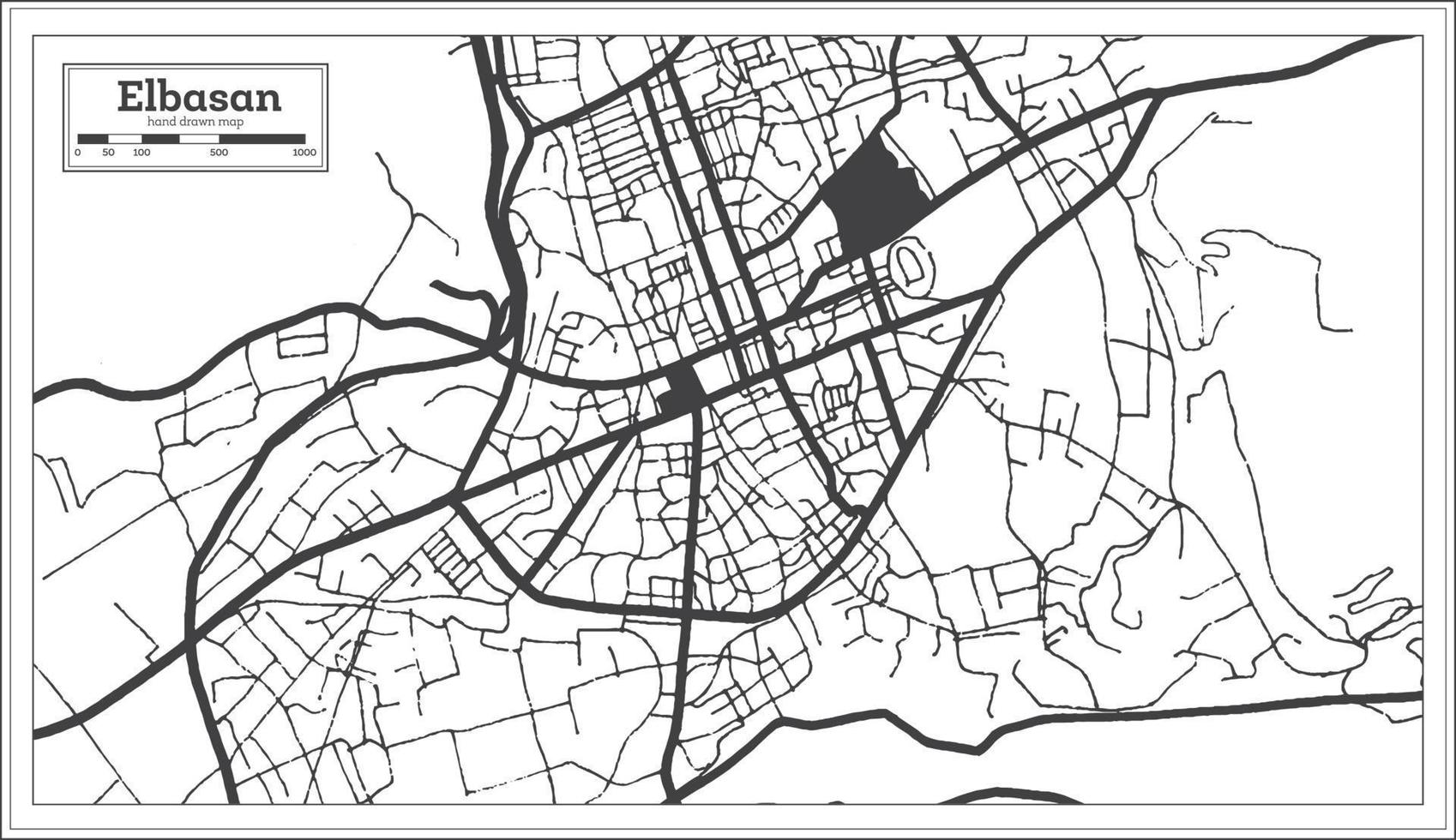 mapa de la ciudad de elbasan albania en color blanco y negro en estilo retro aislado en blanco. vector