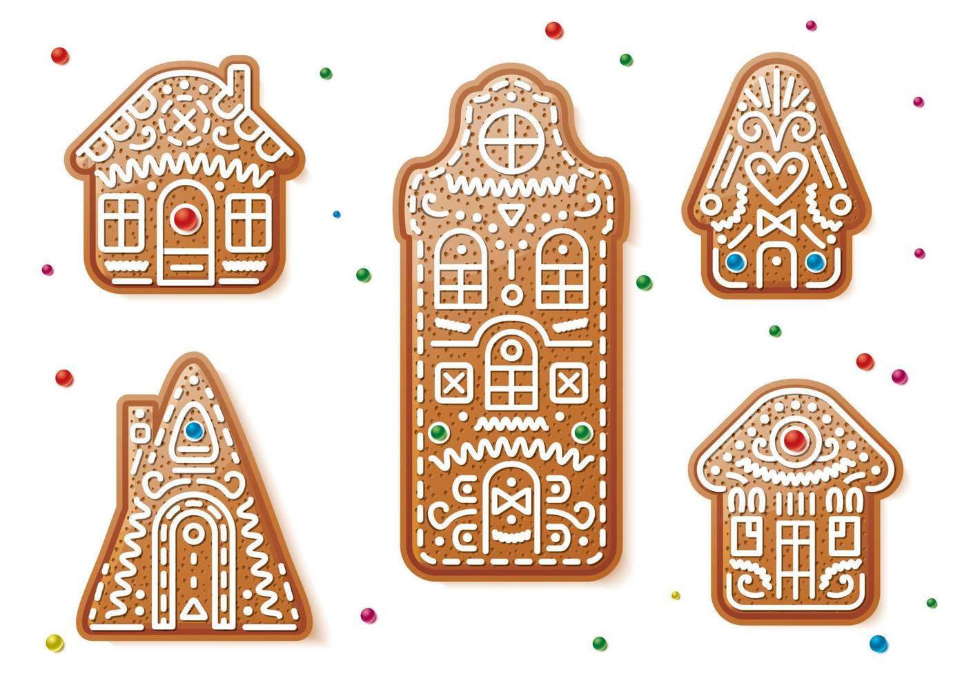 conjunto de casas de pan de jengibre y dulces navideños. vector