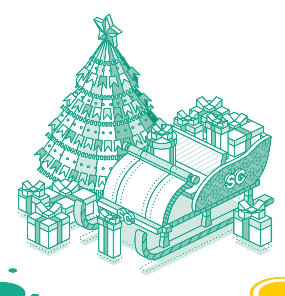 Isometric Open Sleigh with Bunch Gift Boxes and Christmas Tree. Outline Concept. vector