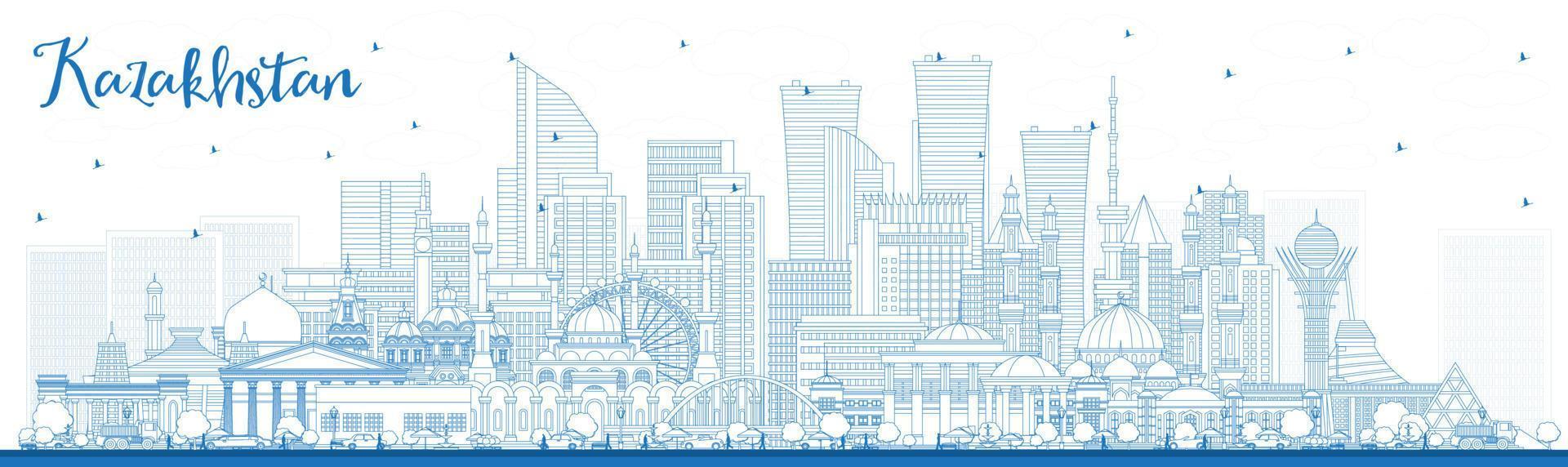 Outline Kazakhstan City Skyline with Blue Buildings. vector