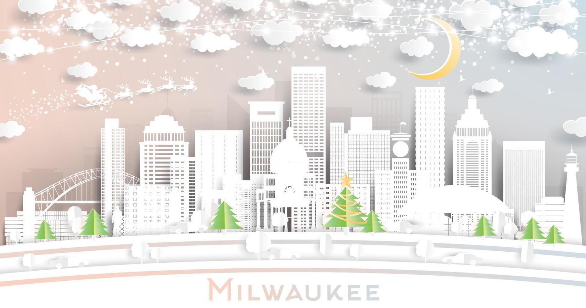 Milwaukee Wisconsin City Skyline in Paper Cut Style with Snowflakes, Moon and Neon Garland. vector