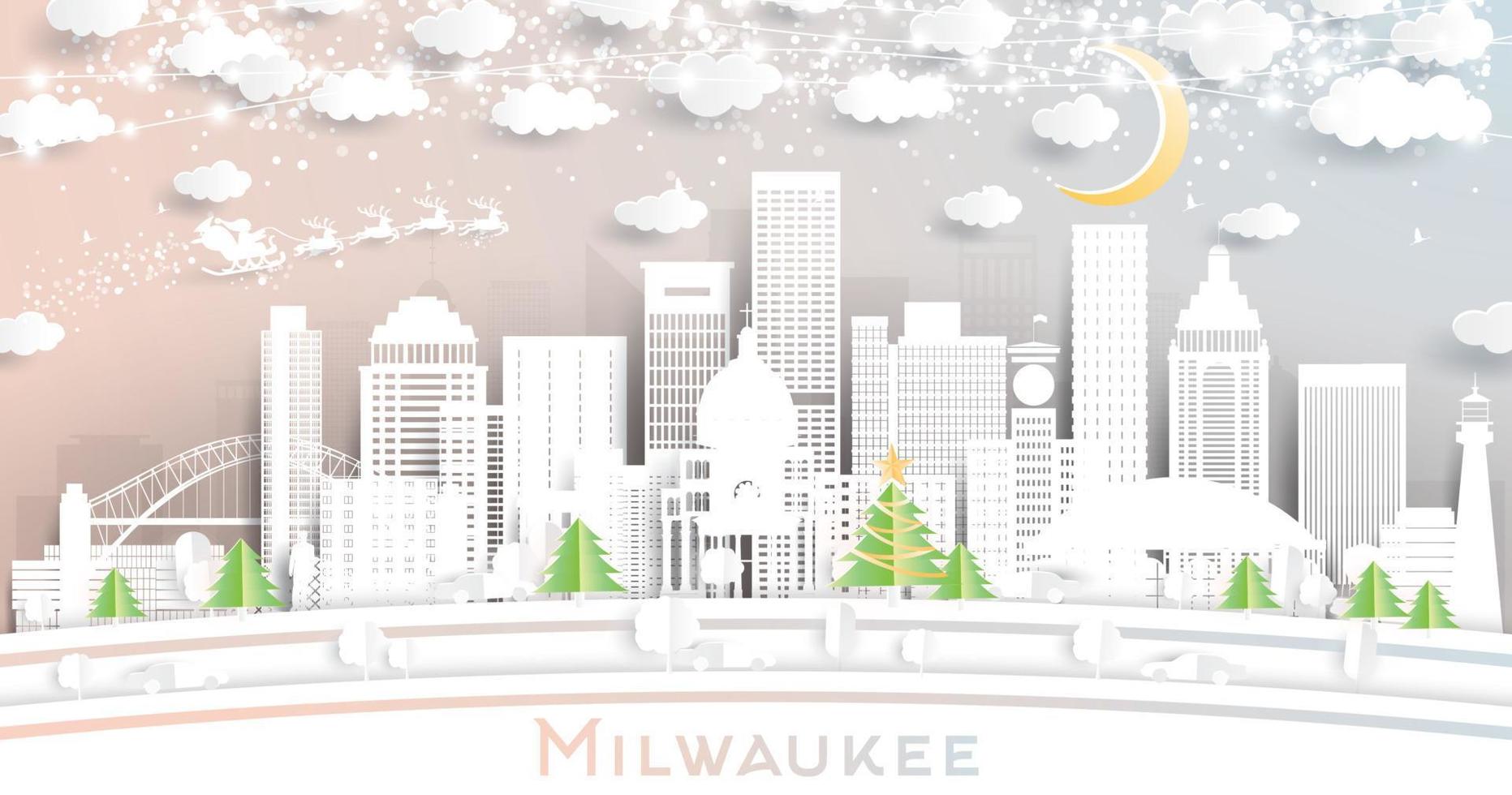 horizonte de la ciudad de milwaukee wisconsin en estilo de corte de papel con copos de nieve, luna y guirnalda de neón. vector