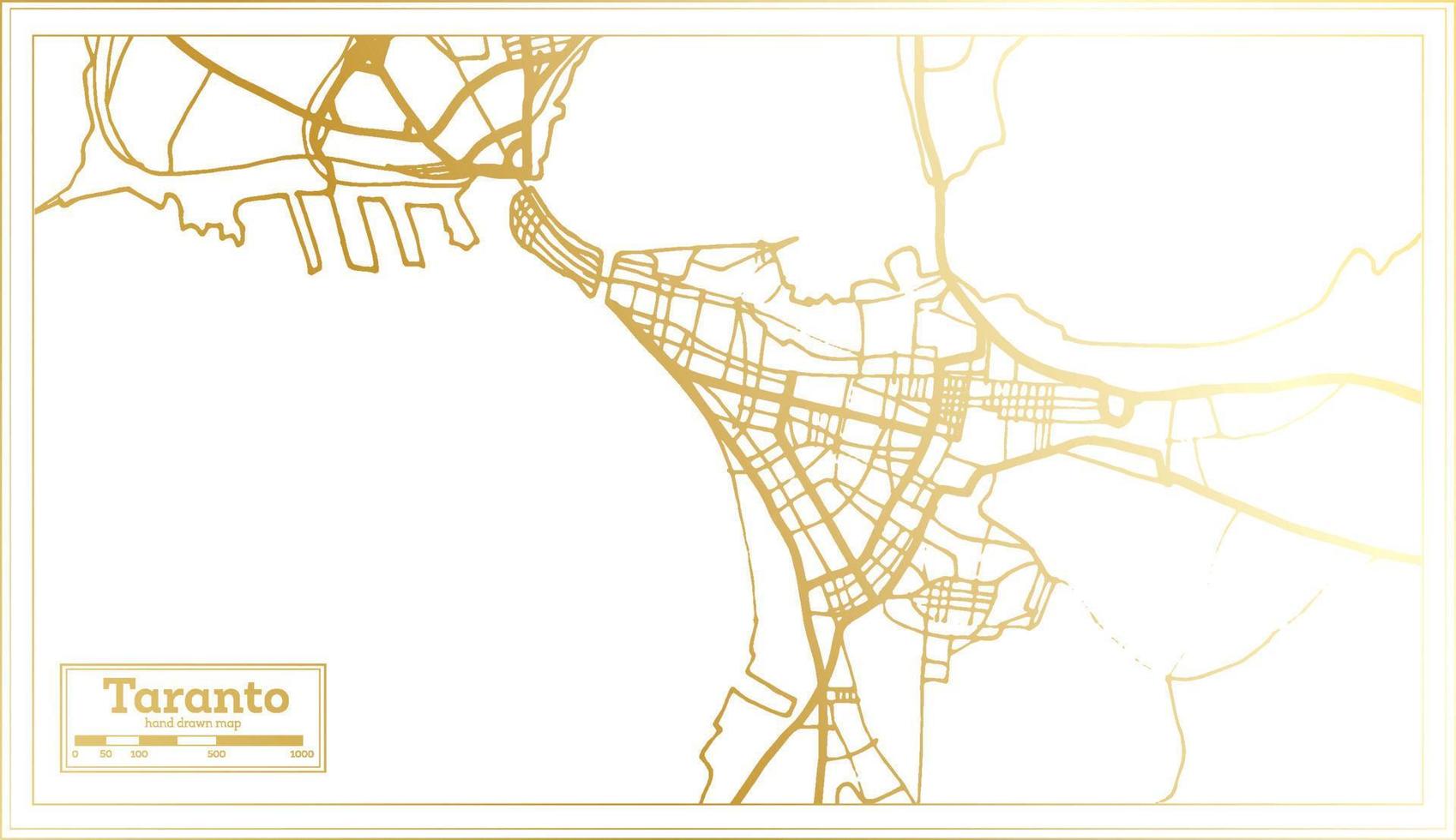 mapa de la ciudad de taranto italia en estilo retro en color dorado. esquema del mapa. vector