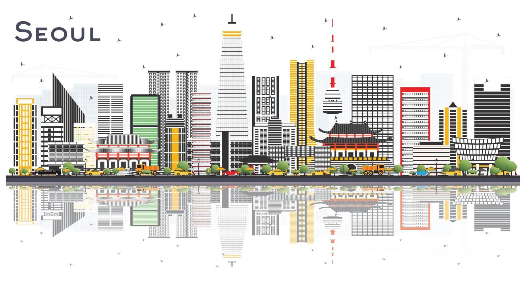 Seoul South Korea City Skyline with Color Buildings and Reflections Isolated on White. vector