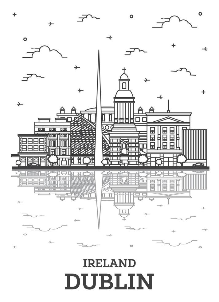 delinear el horizonte de la ciudad de dublín irlanda con edificios históricos y reflejos aislados en blanco. vector