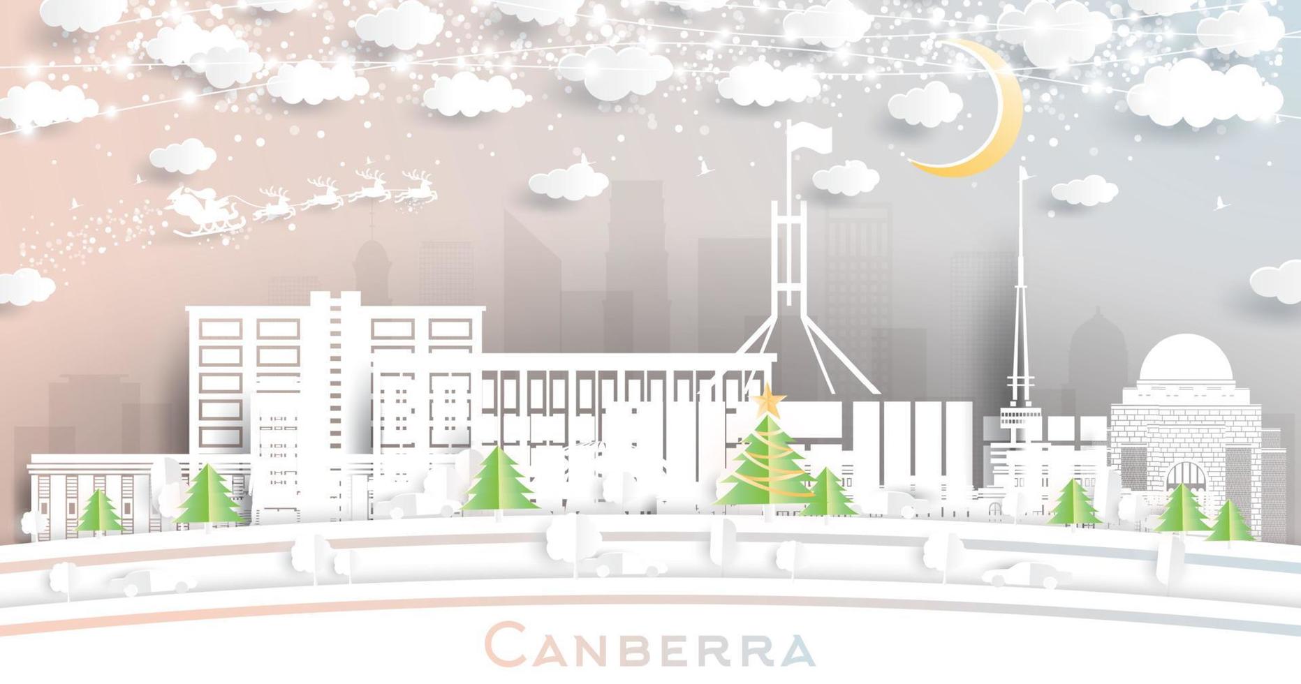 Canberra Australia City Skyline in Paper Cut Style with Snowflakes, Moon and Neon Garland. vector