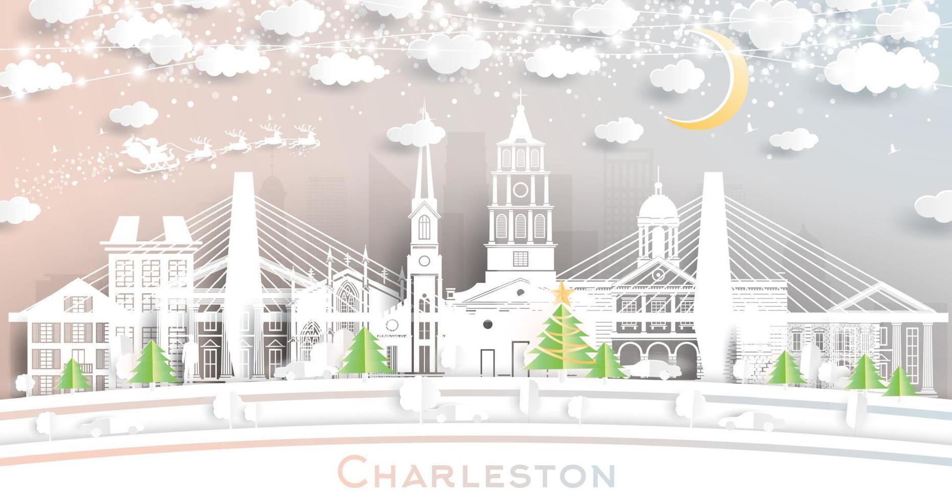 Charleston South Carolina City Skyline in Paper Cut Style with Snowflakes, Moon and Neon Garland. vector