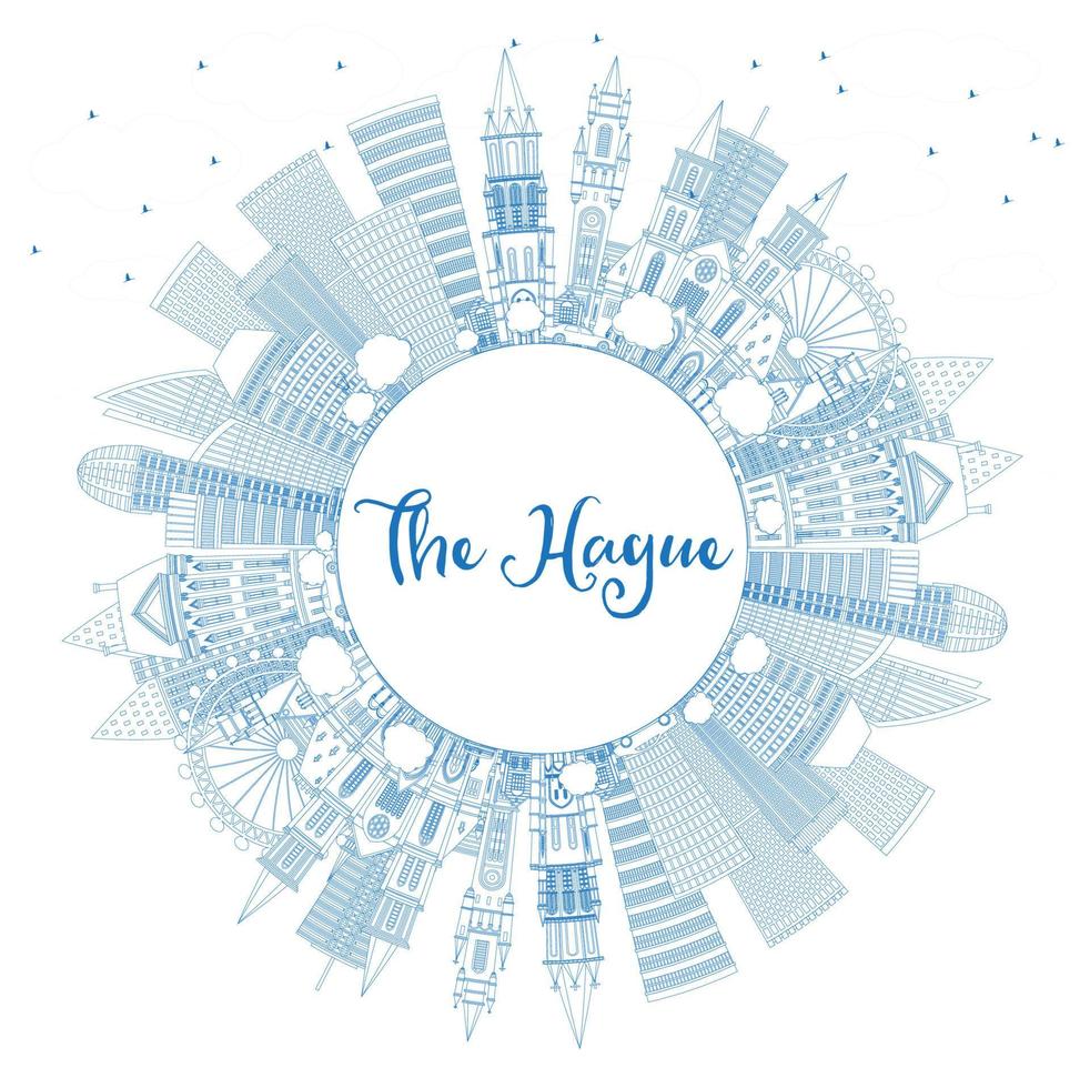 Outline The Hague Netherlands City Skyline with Blue Buildings and Copy Space. vector