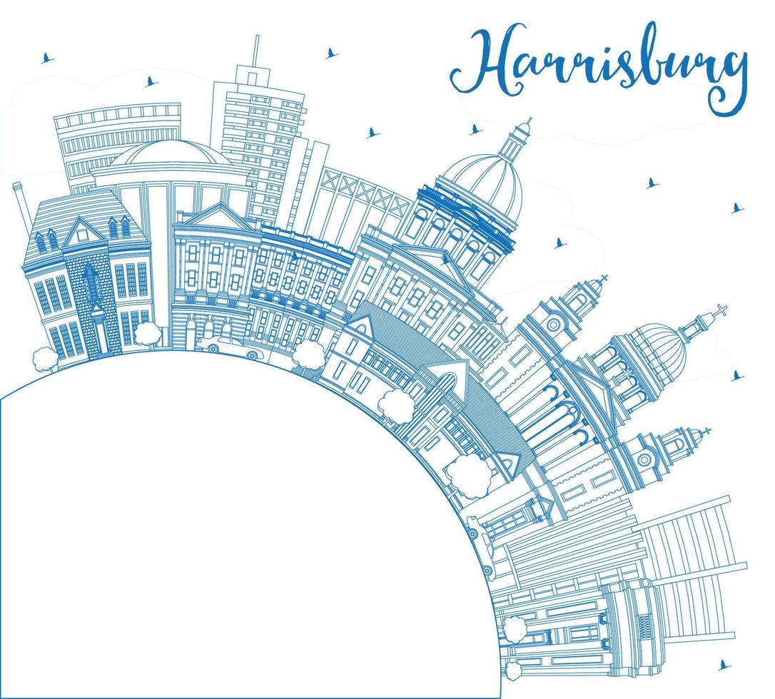 Outline Harrisburg Pennsylvania City Skyline with Blue Buildings and Copy Space. vector