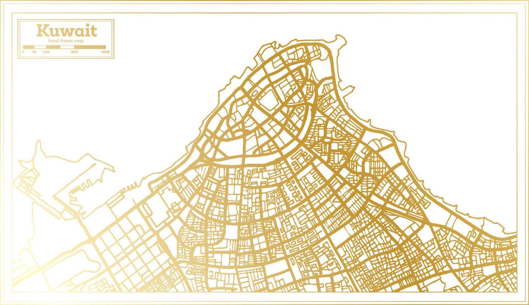 mapa de la ciudad de kuwait en estilo retro en color dorado. esquema del mapa. vector