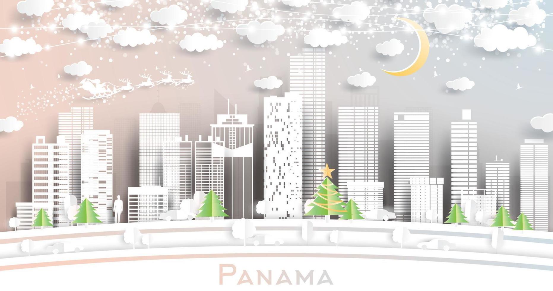 horizonte de la ciudad de panamá en estilo de corte de papel con copos de nieve, luna y guirnalda de neón. vector